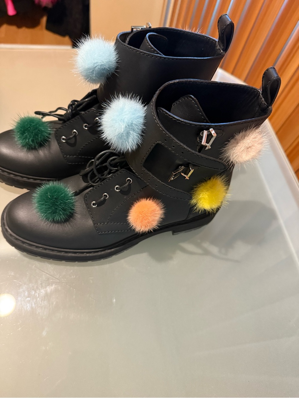Fendi Black Leather Combat Boots with Blue, Peach and Green Pom-Poms - Picture 3 of 7